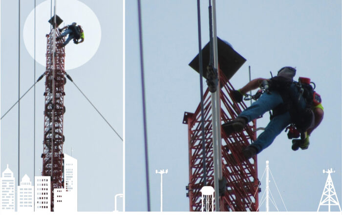 Tower Technician climbing atop broadcast tower in Marshalltown, IA