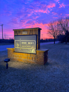 Beautiful sky behind the One Way Wireless Construction Monument Sign