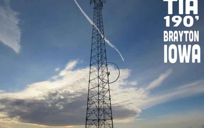 One Way Wireless Construction tower climber making his way up the 190' tower in Brayton, IA, back in the cold of winter.