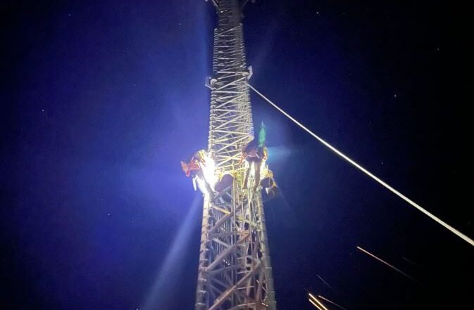 Late night tower work by One Way Wireless Construction